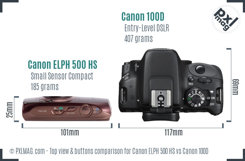 Canon ELPH 500 HS vs Canon 100D top view buttons comparison