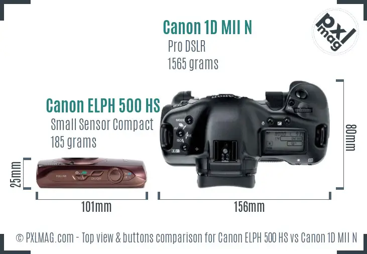 Canon ELPH 500 HS vs Canon 1D MII N top view buttons comparison
