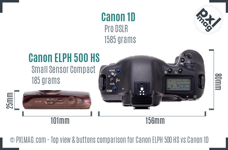 Canon ELPH 500 HS vs Canon 1D top view buttons comparison