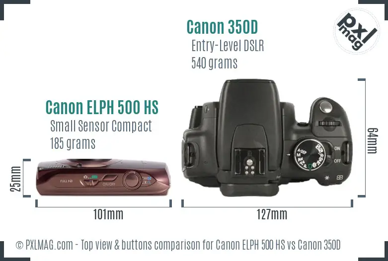 Canon ELPH 500 HS vs Canon 350D top view buttons comparison Canon ELPH 500 HS vs Canon 350D top view buttons comparison