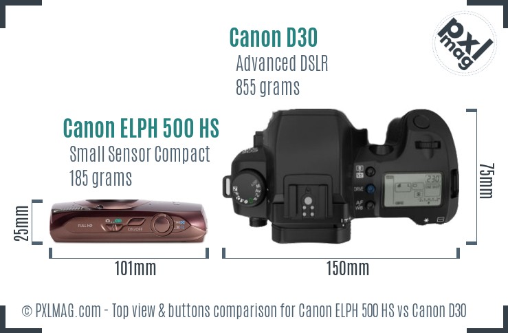 Canon ELPH 500 HS vs Canon D30 top view buttons comparison