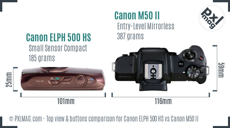 Canon ELPH 500 HS vs Canon M50 II top view buttons comparison