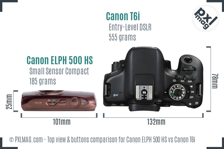 Canon ELPH 500 HS vs Canon T6i top view buttons comparison