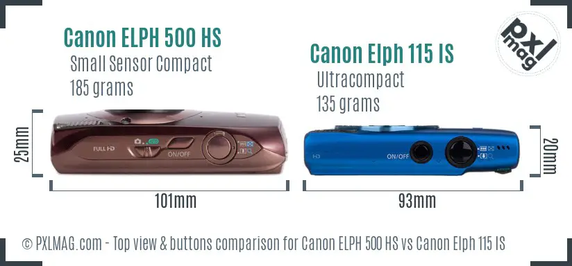 Canon ELPH 500 HS vs Canon Elph 115 IS top view buttons comparison Canon ELPH 500 HS vs Canon Elph 115 IS top view buttons comparison