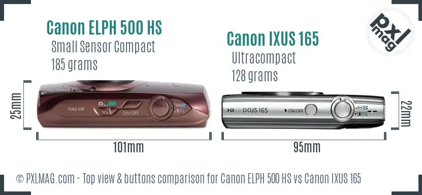 Canon ELPH 500 HS vs Canon IXUS 165 top view buttons comparison Canon ELPH 500 HS vs Canon IXUS 165 top view buttons comparison
