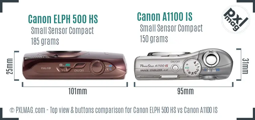 Canon ELPH 500 HS vs Canon A1100 IS top view buttons comparison