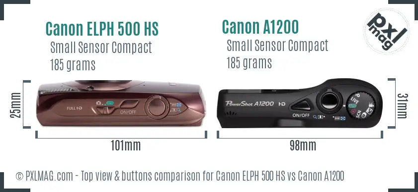 Canon ELPH 500 HS vs Canon A1200 top view buttons comparison Canon ELPH 500 HS vs Canon A1200 top view buttons comparison