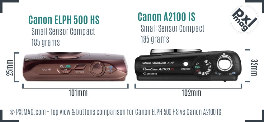 Canon ELPH 500 HS vs Canon A2100 IS top view buttons comparison