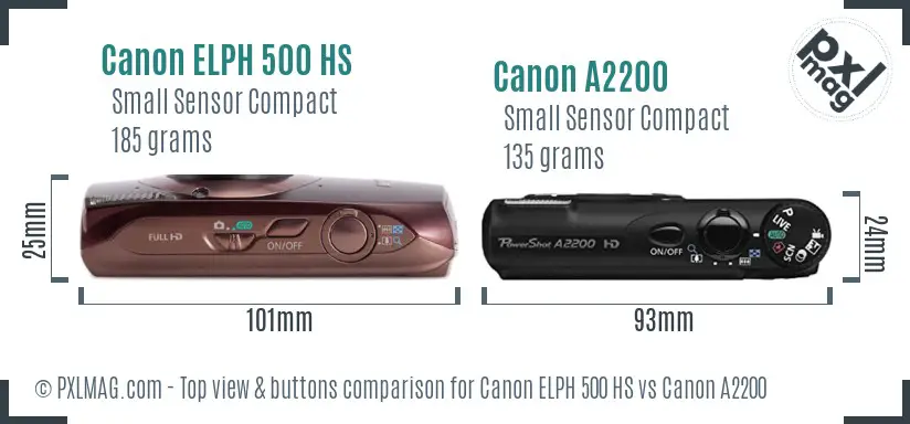 Canon ELPH 500 HS vs Canon A2200 top view buttons comparison