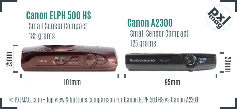 Canon ELPH 500 HS vs Canon A2300 top view buttons comparison Canon ELPH 500 HS vs Canon A2300 top view buttons comparison
