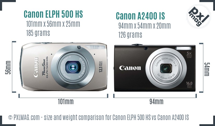 Canon ELPH 500 HS vs Canon A2400 IS size comparison