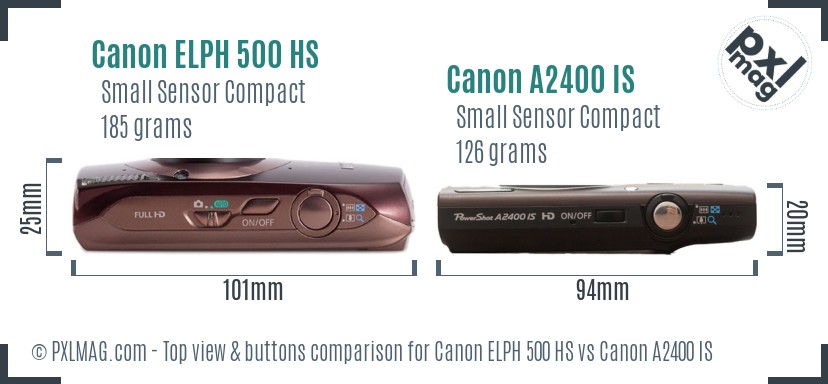 Canon ELPH 500 HS vs Canon A2400 IS top view buttons comparison