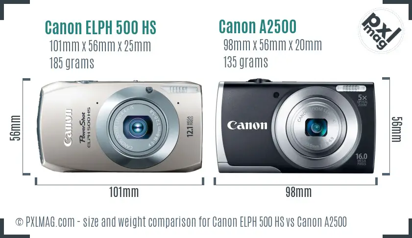 Canon ELPH 500 HS vs Canon A2500 size comparison Canon ELPH 500 HS vs Canon A2500 size comparison