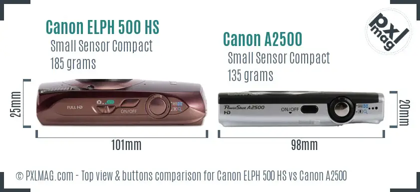 Canon ELPH 500 HS vs Canon A2500 top view buttons comparison Canon ELPH 500 HS vs Canon A2500 top view buttons comparison