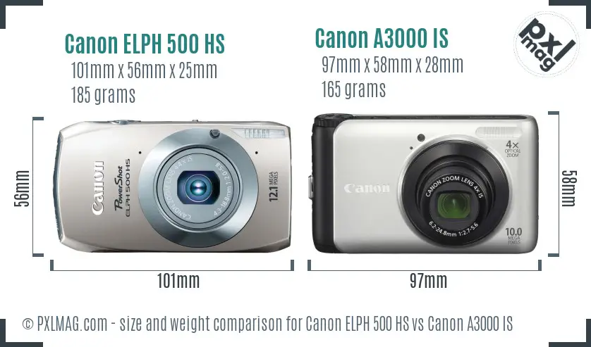 Canon ELPH 500 HS vs Canon A3000 IS size comparison