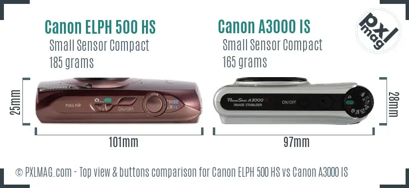 Canon ELPH 500 HS vs Canon A3000 IS top view buttons comparison