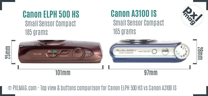 Canon ELPH 500 HS vs Canon A3100 IS top view buttons comparison