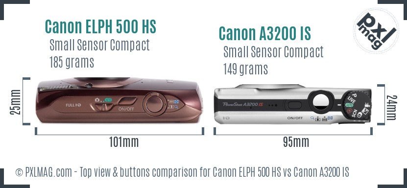 Canon ELPH 500 HS vs Canon A3200 IS top view buttons comparison