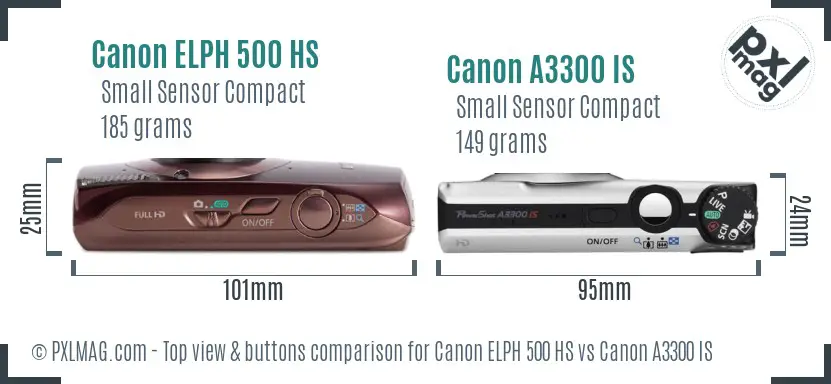 Canon ELPH 500 HS vs Canon A3300 IS top view buttons comparison