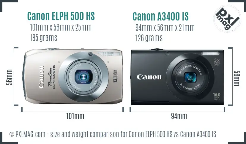 Canon ELPH 500 HS vs Canon A3400 IS size comparison Canon ELPH 500 HS vs Canon A3400 IS size comparison