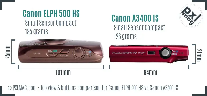 Canon ELPH 500 HS vs Canon A3400 IS top view buttons comparison