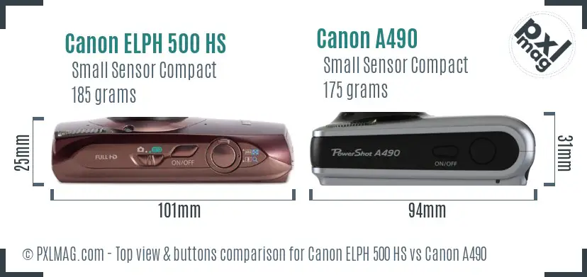 Canon ELPH 500 HS vs Canon A490 top view buttons comparison
