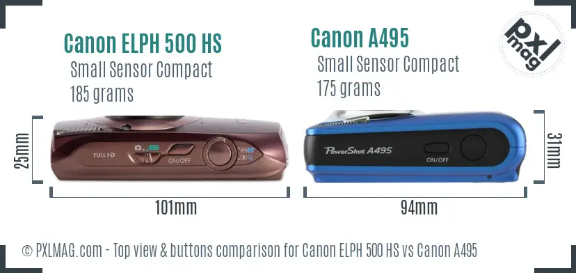 Canon ELPH 500 HS vs Canon A495 top view buttons comparison