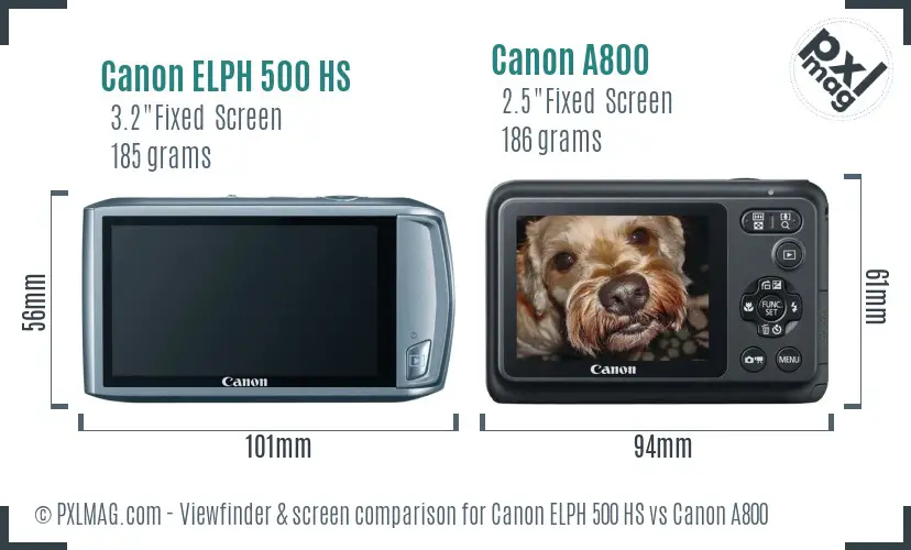 Canon ELPH 500 HS vs Canon A800 Screen and Viewfinder comparison