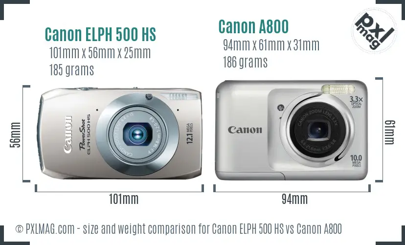 Canon ELPH 500 HS vs Canon A800 size comparison