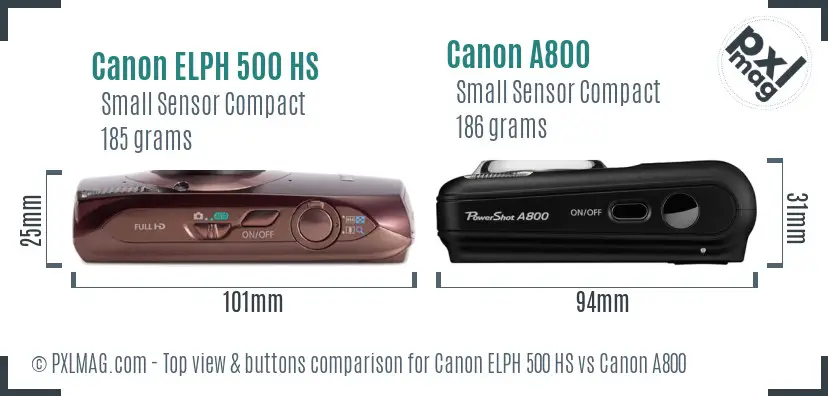 Canon ELPH 500 HS vs Canon A800 top view buttons comparison