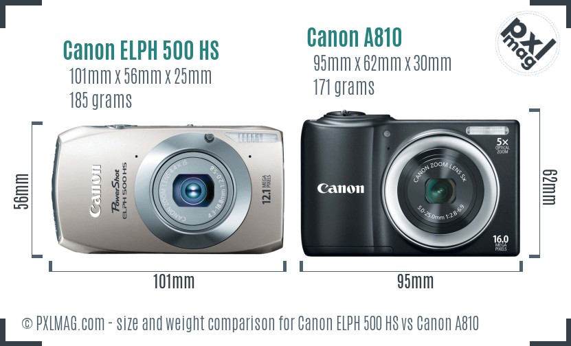 Canon ELPH 500 HS vs Canon A810 size comparison Canon ELPH 500 HS vs Canon A810 size comparison