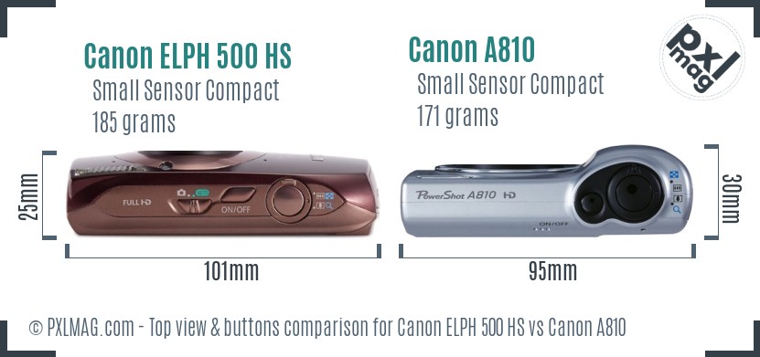 Canon ELPH 500 HS vs Canon A810 top view buttons comparison