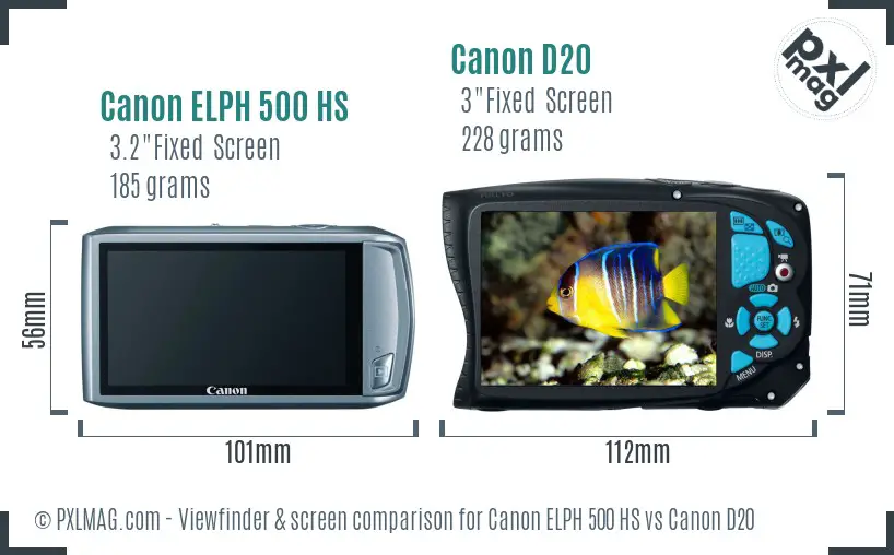 Canon ELPH 500 HS vs Canon D20 Screen and Viewfinder comparison