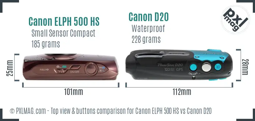 Canon ELPH 500 HS vs Canon D20 top view buttons comparison