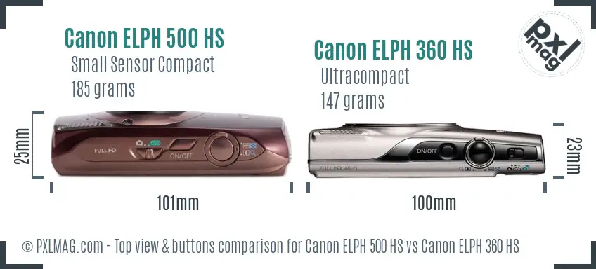 Canon ELPH 500 HS vs Canon ELPH 360 HS top view buttons comparison Canon ELPH 500 HS vs Canon ELPH 360 HS top view buttons comparison