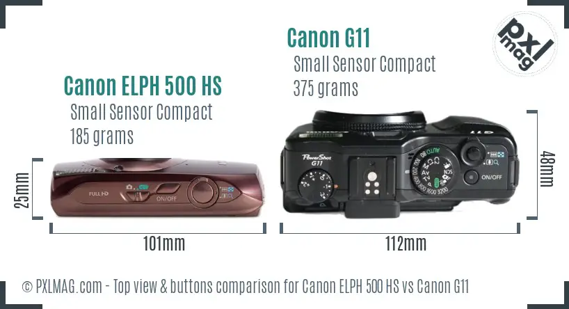 Canon ELPH 500 HS vs Canon G11 top view buttons comparison