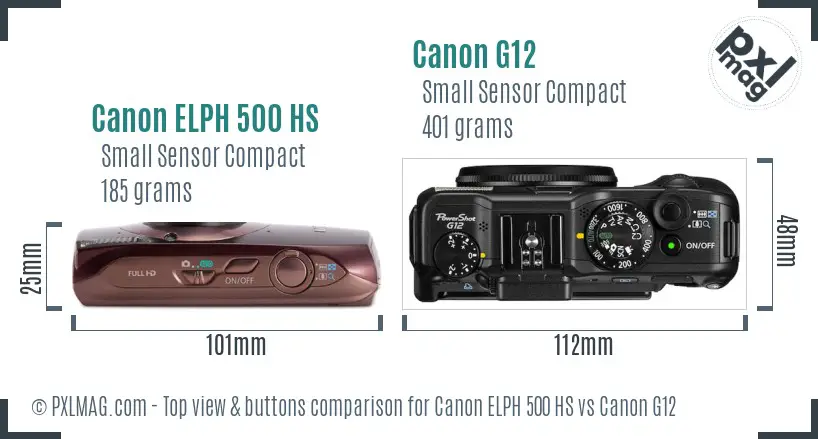 Canon ELPH 500 HS vs Canon G12 top view buttons comparison