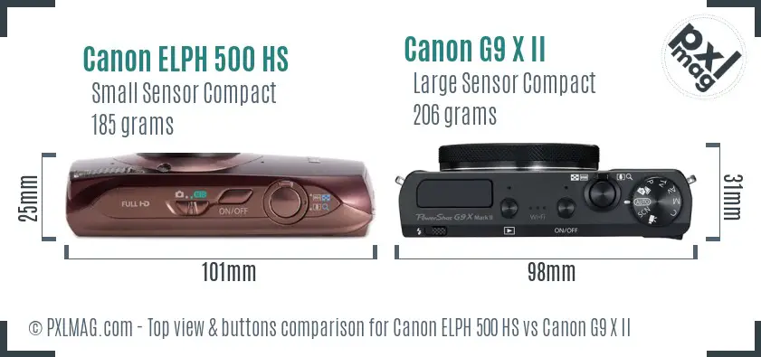 Canon ELPH 500 HS vs Canon G9 X II top view buttons comparison
