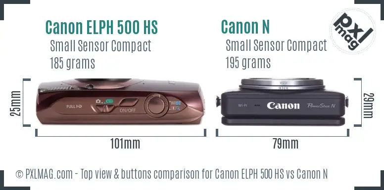 Canon ELPH 500 HS vs Canon N top view buttons comparison