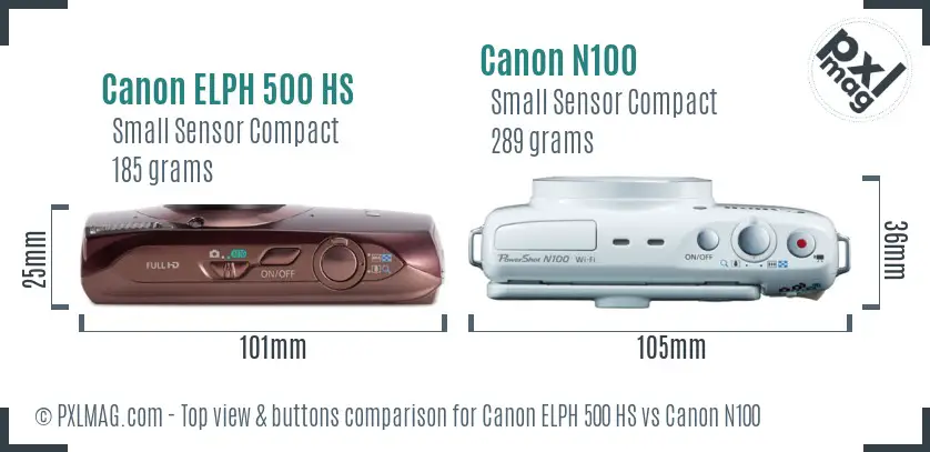 Canon ELPH 500 HS vs Canon N100 top view buttons comparison