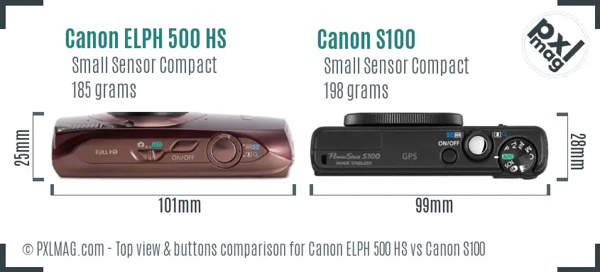 Canon ELPH 500 HS vs Canon S100 top view buttons comparison