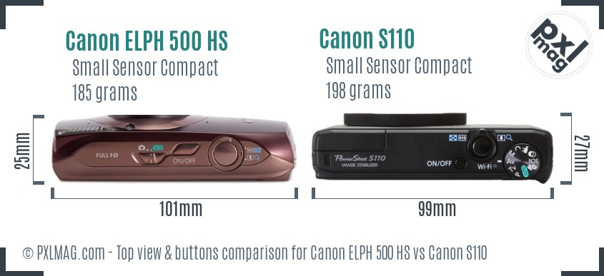 Canon ELPH 500 HS vs Canon S110 top view buttons comparison