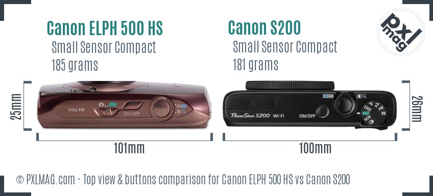 Canon ELPH 500 HS vs Canon S200 top view buttons comparison