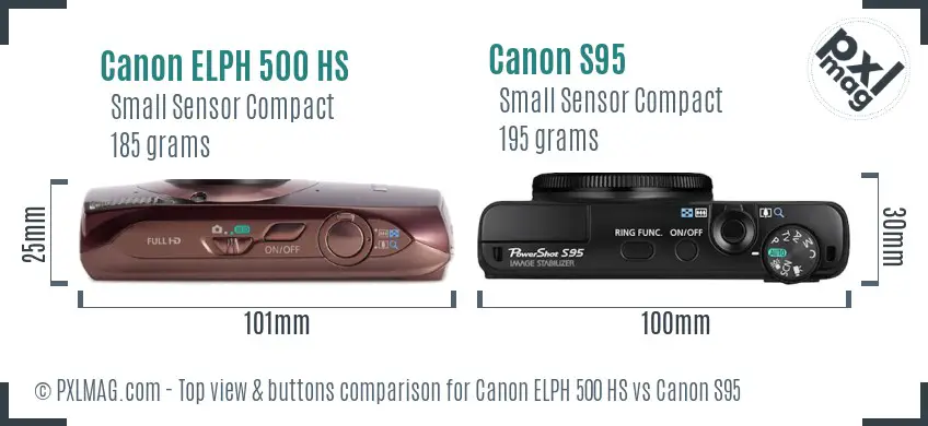 Canon ELPH 500 HS vs Canon S95 top view buttons comparison