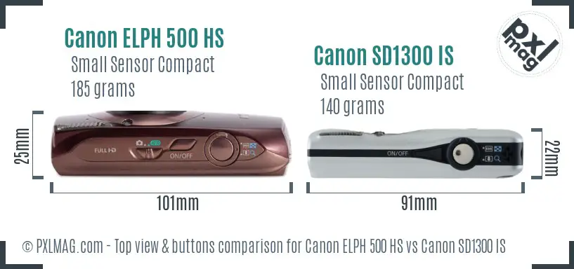 Canon ELPH 500 HS vs Canon SD1300 IS top view buttons comparison Canon ELPH 500 HS vs Canon SD1300 IS top view buttons comparison