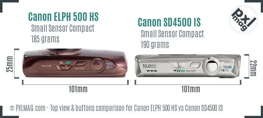 Canon ELPH 500 HS vs Canon SD4500 IS top view buttons comparison