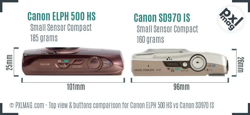 Canon ELPH 500 HS vs Canon SD970 IS top view buttons comparison