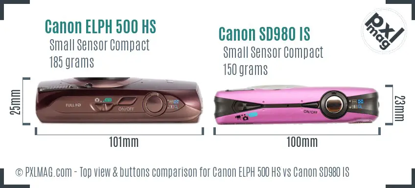 Canon ELPH 500 HS vs Canon SD980 IS top view buttons comparison