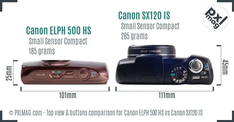 Canon ELPH 500 HS vs Canon SX120 IS top view buttons comparison