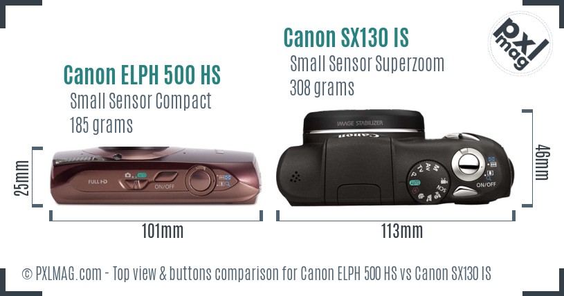Canon ELPH 500 HS vs Canon SX130 IS top view buttons comparison